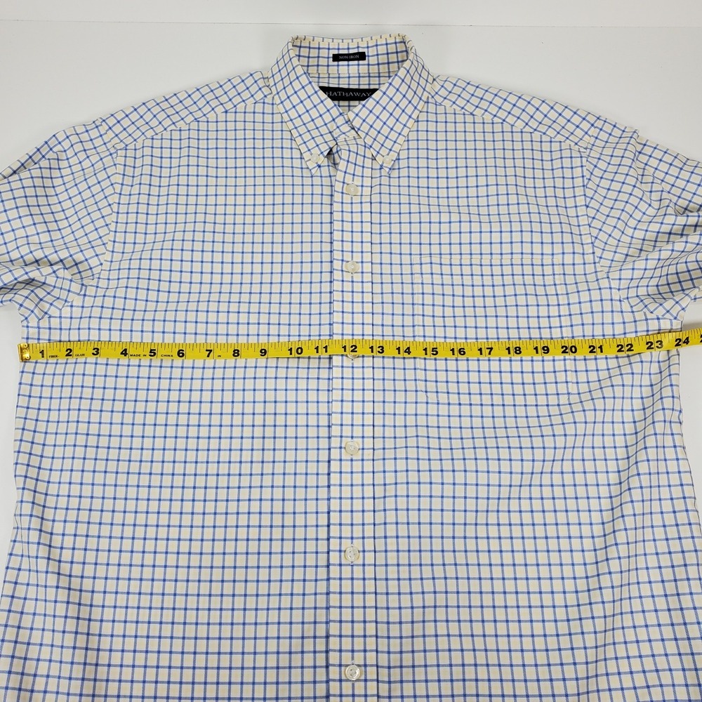 HATHAWAY Men's Size Large Non-Iron Yellow Blue Check Button Down *Read* - Picture 8 of 12